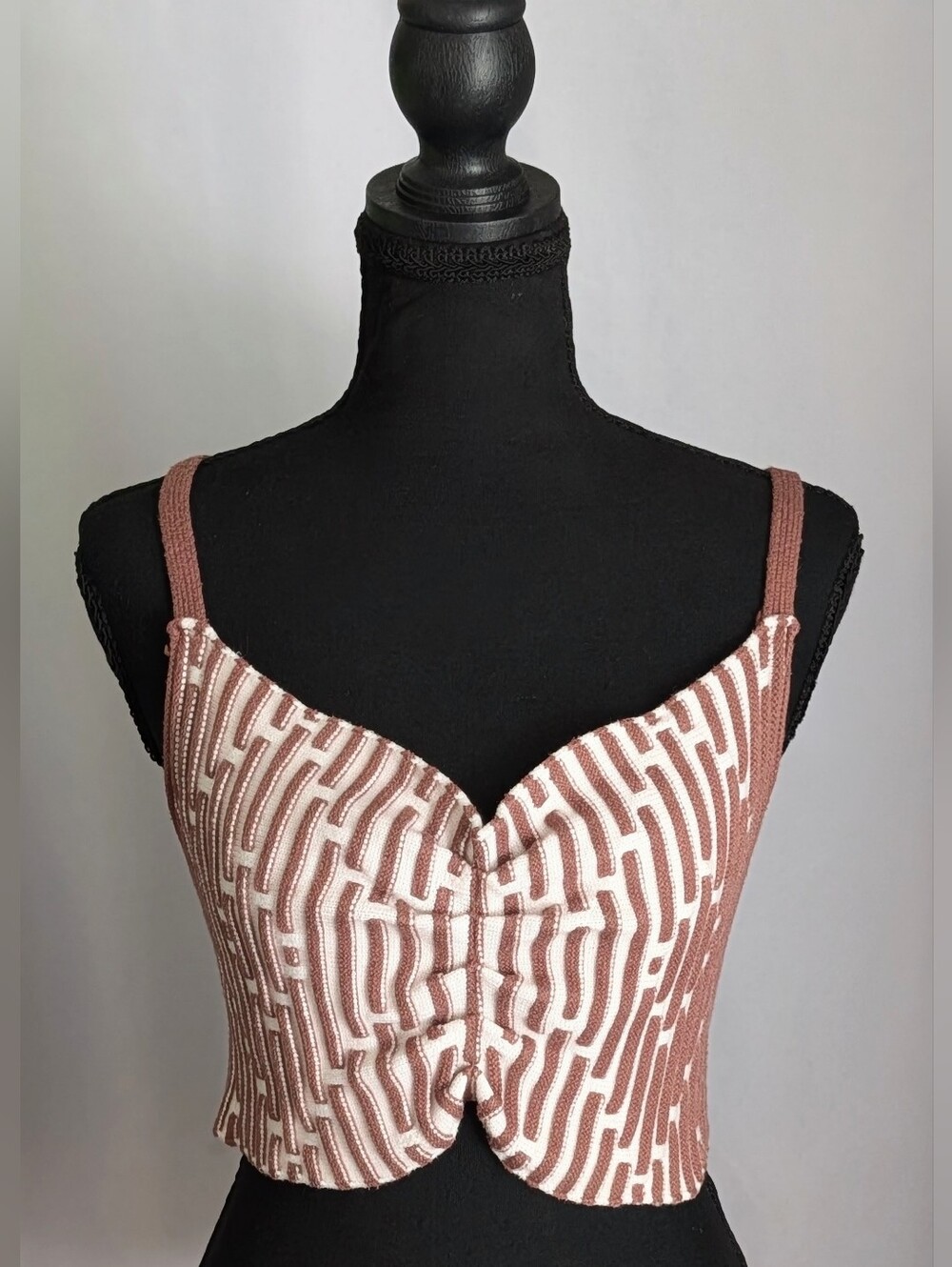 Y2K Geometric Knit Corset Crop Top Brown Cream Ruched Bust M/L